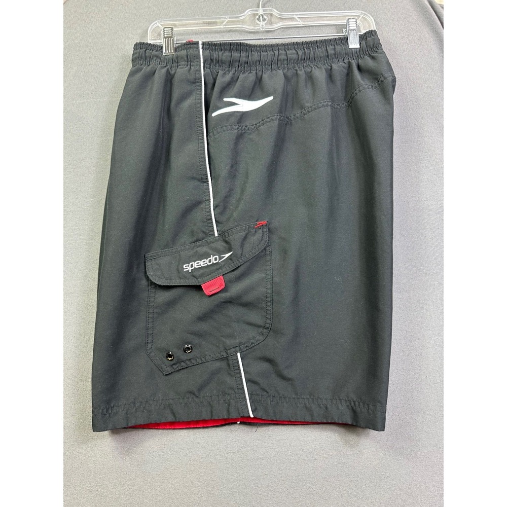 Speedo‎ Men's Swim Trunks Black Board Shorts Cargo Pocket White Piping XXL